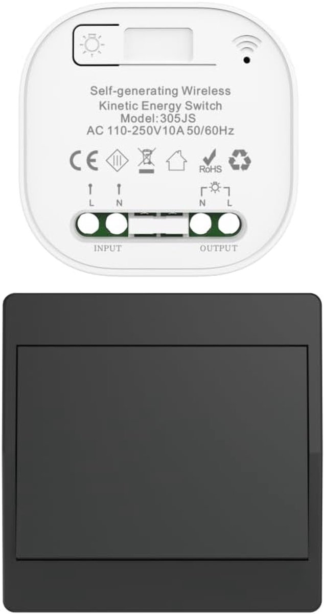 draadloze schakelaar, zwart, RF, kinetische draadloze schakelaar, enkele en dubbele bediening, zonder batterij, afstandsbediening, draadloze schakelaar (zwart 1 gang 1 V1 EU)