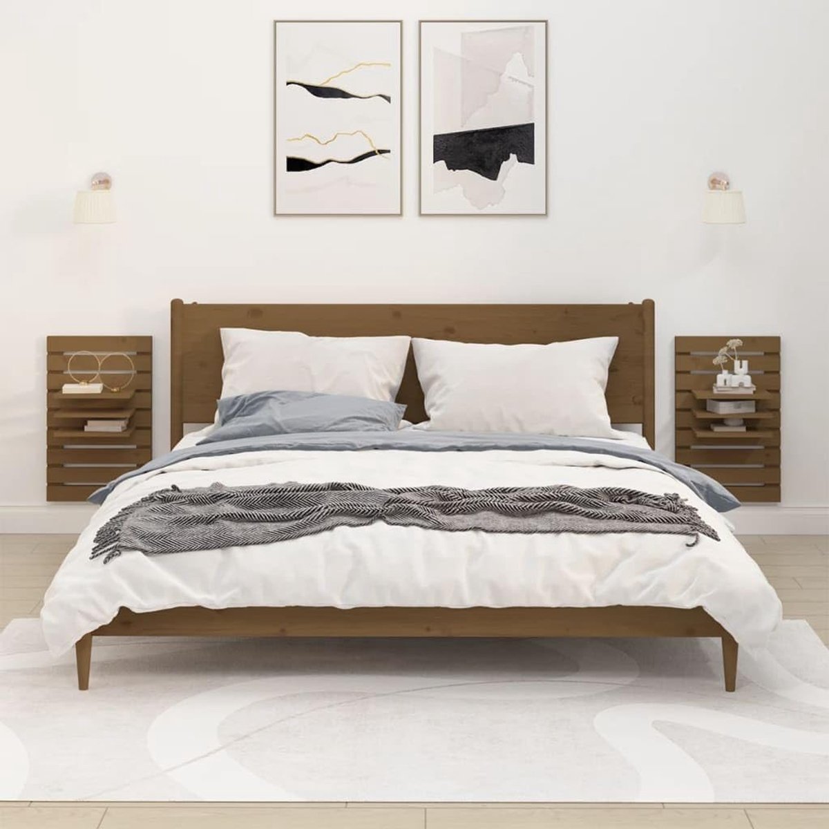 Decoratieve planken, multifunctioneel wandrek, nachtkastjes, 2 stuks, honingbruin, massief grenenhout, geschikt voor woonkamer, slaapkamer, kantoor