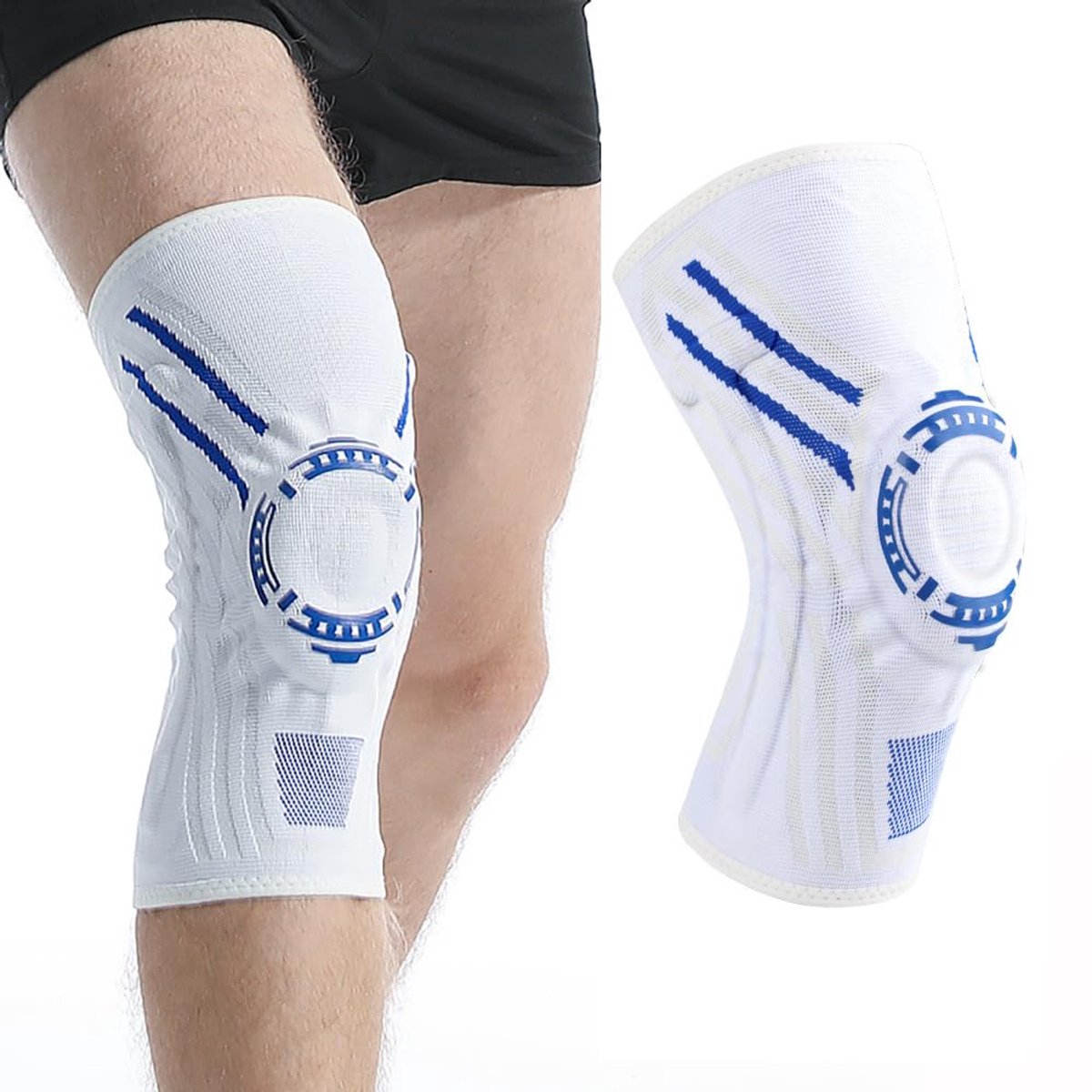 Kniebraces voor heren en dames, kniesteun met dubbelzijdige T-veerondersteuning en siliconen patella-pad, kniesteun, kniesteun, 2 stuks (wit-blauw, XL)