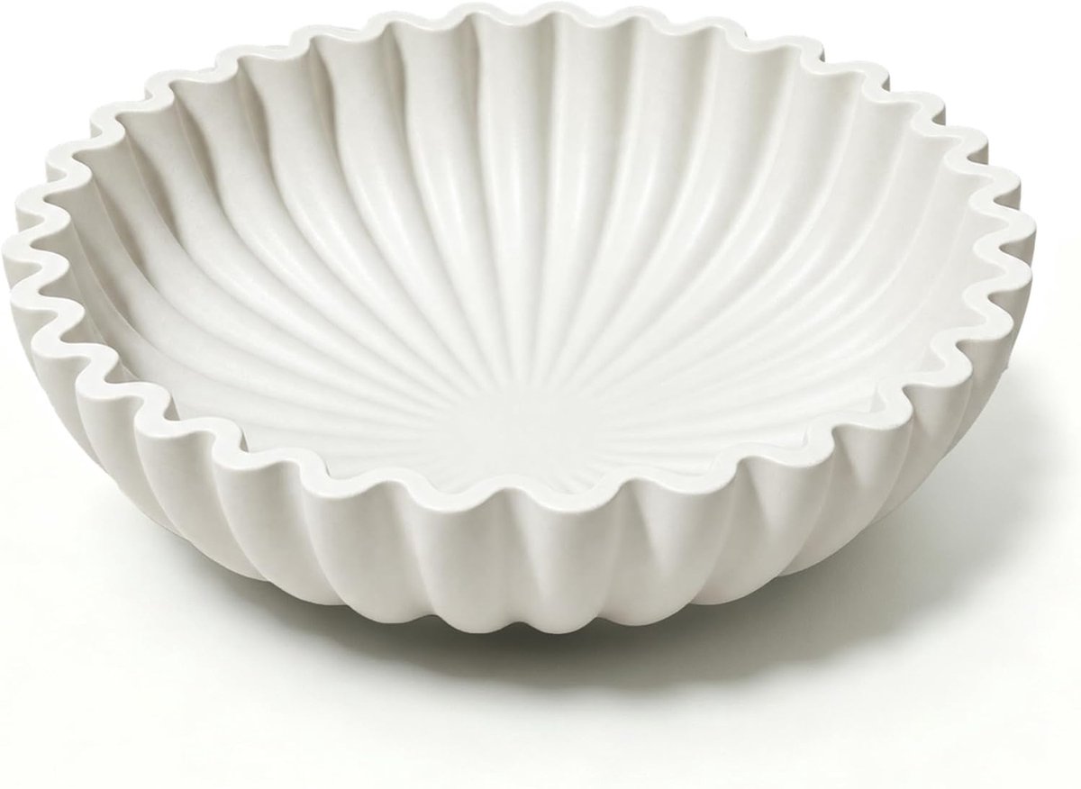 Betonnen kom met ruches - vintage coquille decoratieve bloemenkom en fruitmand | Modern tafelstuk, sleuteldienblad voor ingang, bruiloft en housewarming cadeau (wit, klein