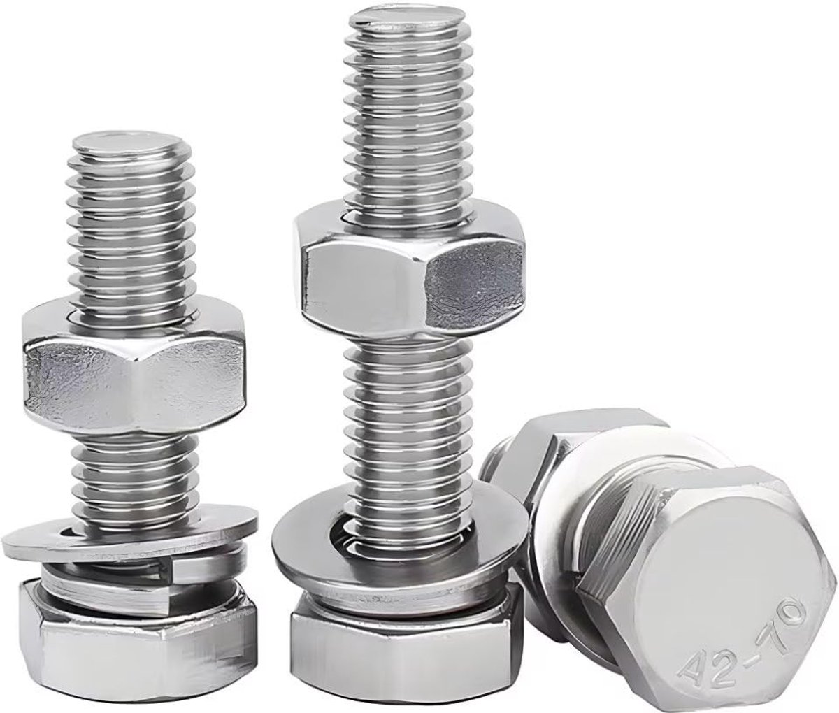 Roestvrij staal (volledige schroefdraad), zeskantschroeven, set M12 x 70 mm met zeskantmoeren en platte sluitringen en veerringen, assortiment (2 stuks)