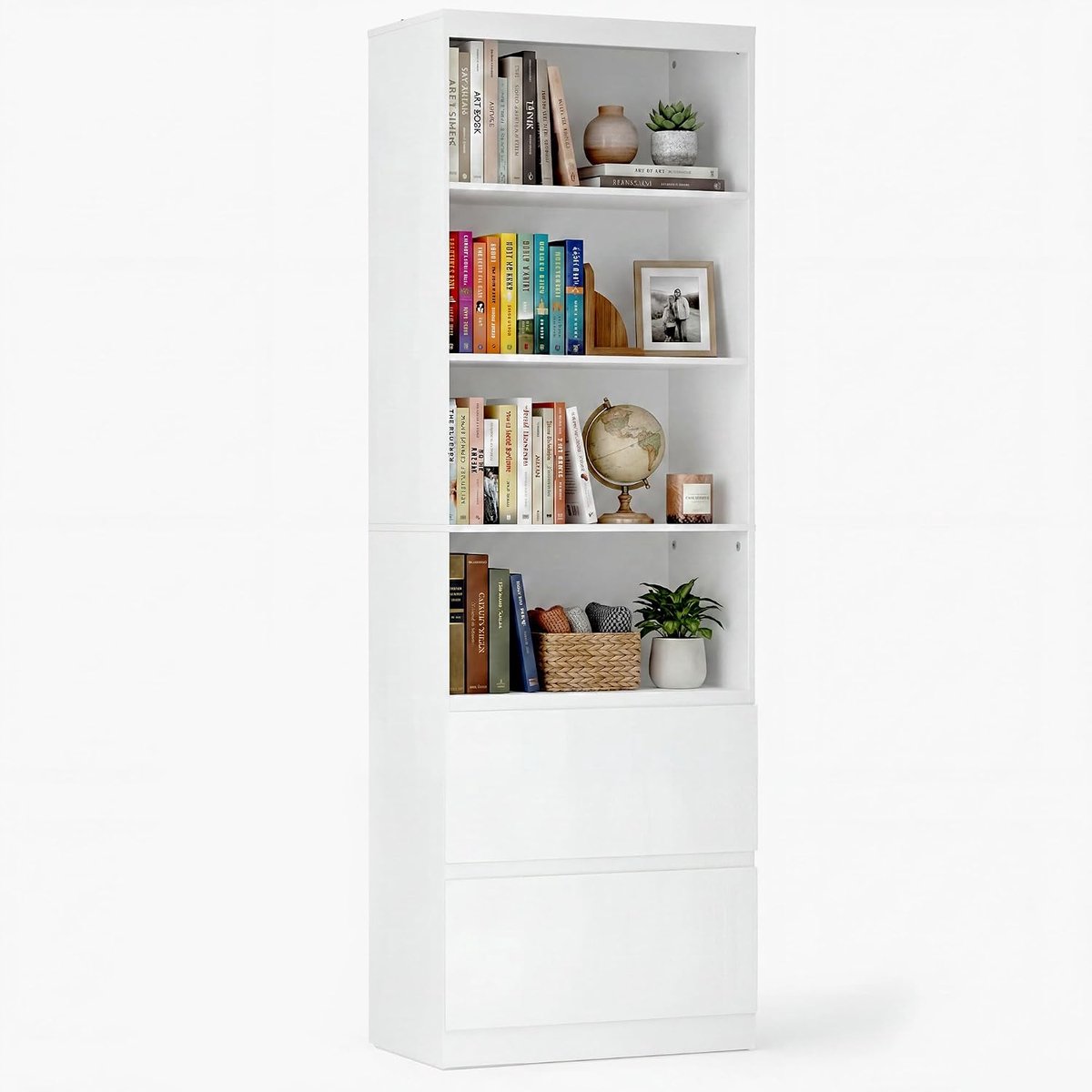Boekenkast, smalle boekenkast met 4 planken en 2 laden