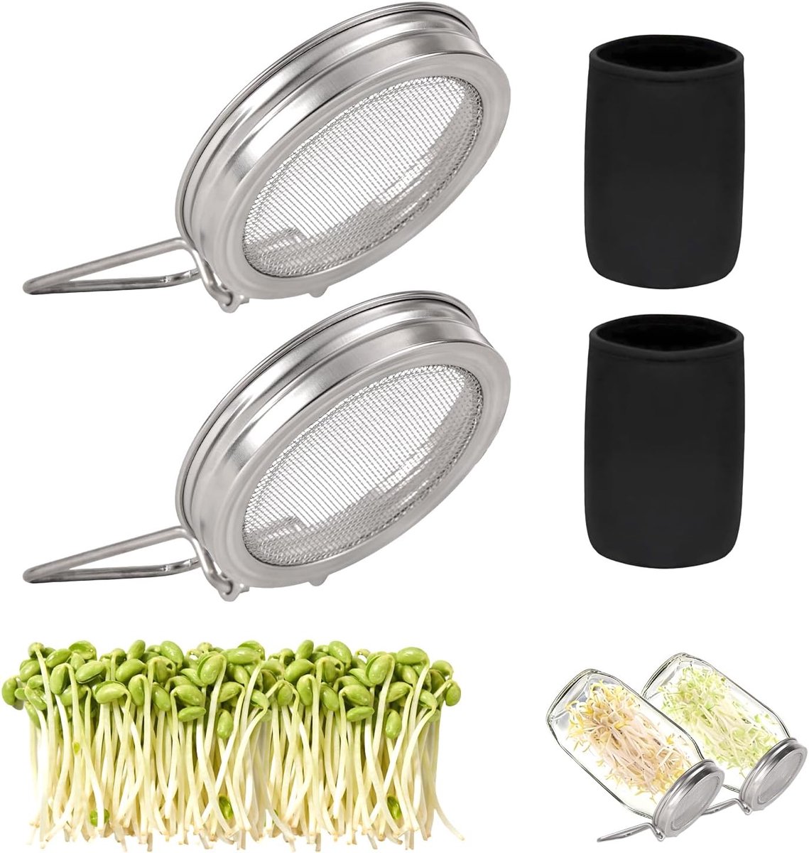 2st Kiemdeksels voor Mason-Potten Met Een Brede Opening Van 9cm, Roestvrijstalen Kiemschermen Met Gaas en 2 Lichtschermen voor Biologische Alfalfa Broccoli en Mungboonkiemen