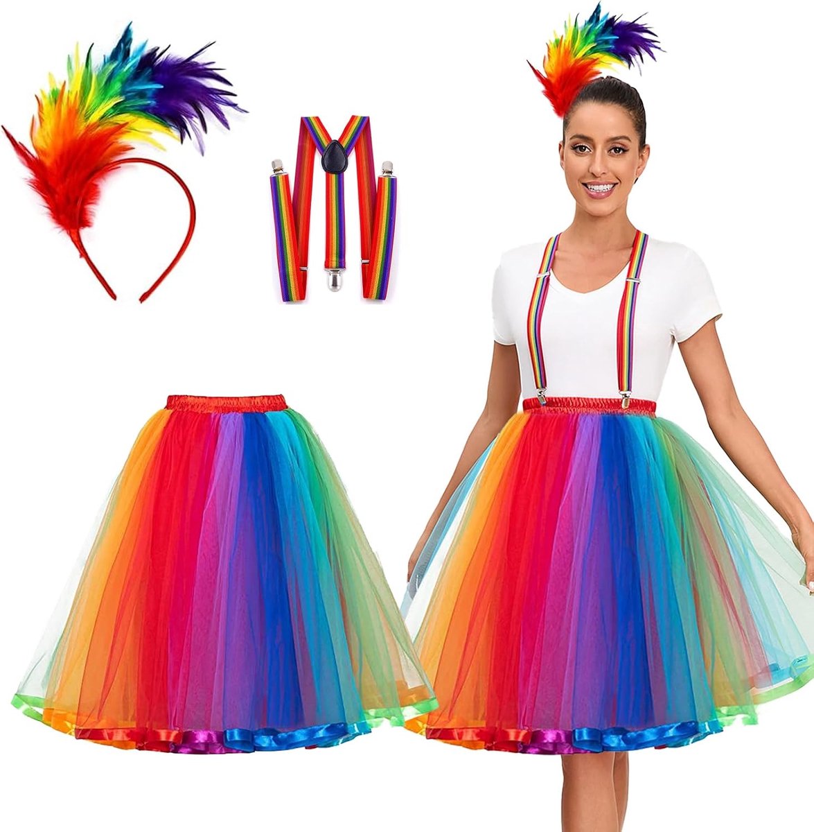 tule rok, tule rok voor dames met riem, kleurrijke hoofdband met veren, damesrok, regenboog, kostuum, voor carnaval, Halloween, themafeest.