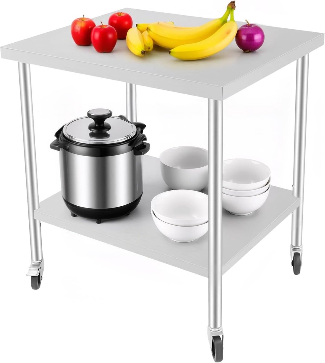 Keuken roestvrijstalen werktafel, 2 niveaus opvouwbare serveerwagen roestvrij staal rolwagen keukentafel met 4 wielen roestvrijstalen tafel levensmiddelen bereidingstafel voor keuken