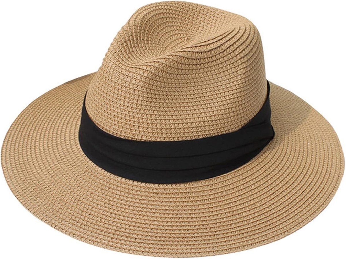 Stro Zomer Zonnehoed Panama Fedora Hoed Floppy Opvouwbare Brede Rand Strandhoed Reizen Verpakkbare Hoed Met Verstelbare Band en Zweetband, Kaki, one size