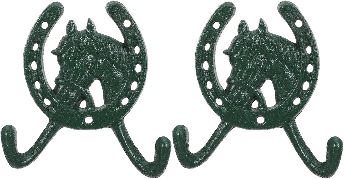 2 Stuks Gietijzeren Paard Hoefijzer Wandhaken Decoratieve Groene Horse Head Haak met Haken Weerbestendig voor Jas Sleutels Hoeden in Landelijke Hal of Buitenruimte
