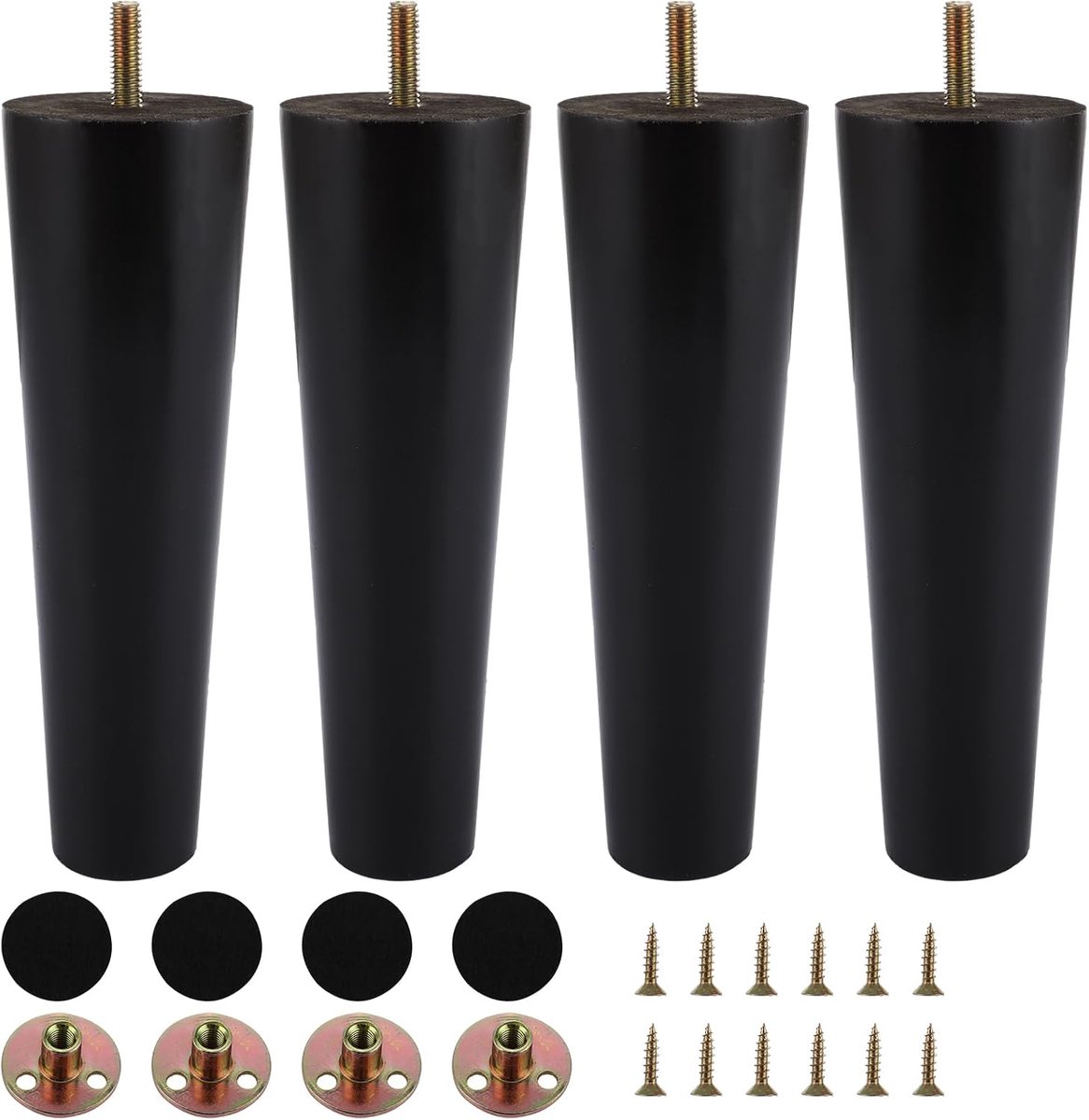 Poten, 20 cm, bankpoten, zwart, met M8-bouten, montageplaat, rubberen mat voor salontafel, kast