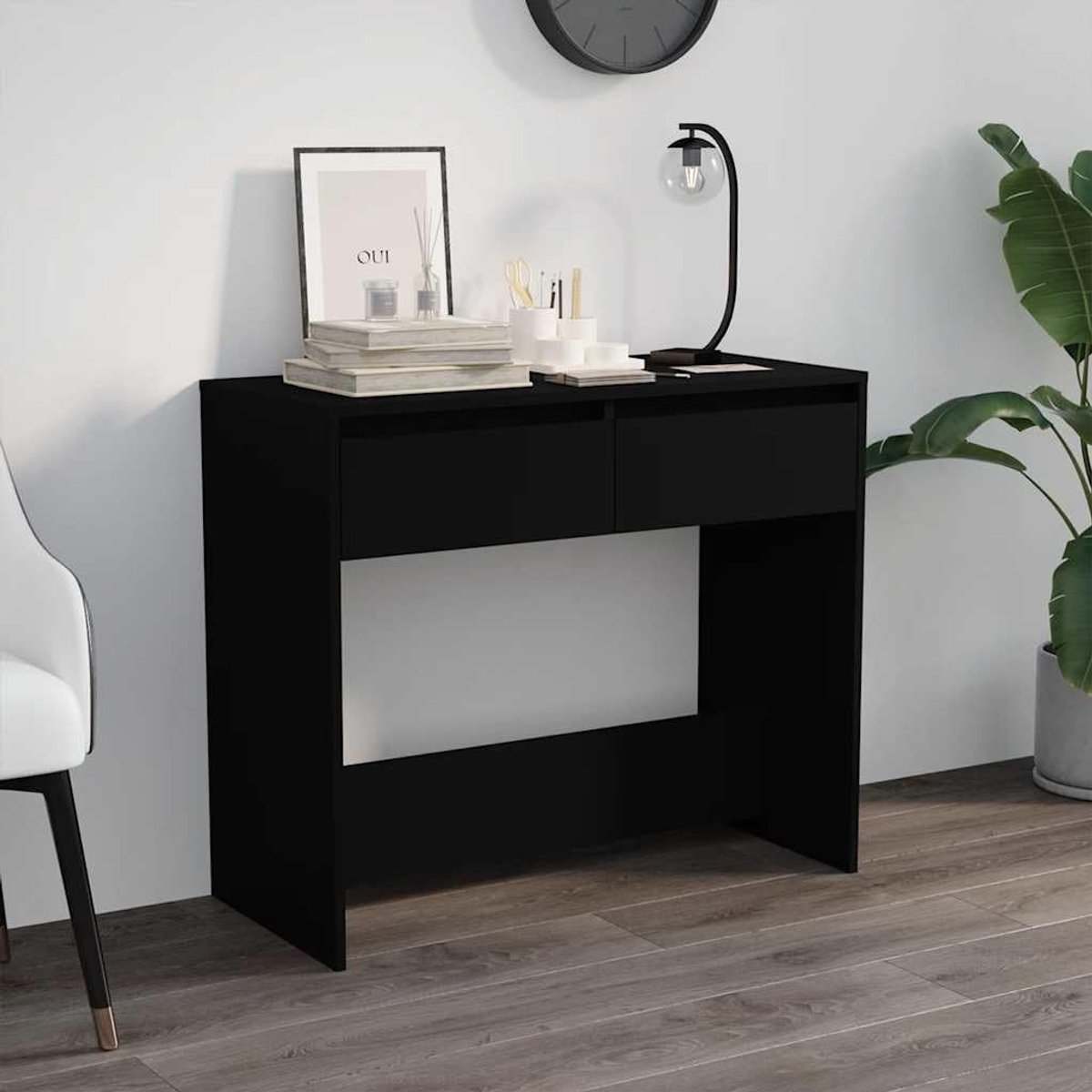 Consoletafel, zwart, 89 x 41 x 76,5 cm, houtmateriaal, haltafel met 2 laden, stabiele tafel voor decoratieve artikelen zoals vazen en fotolijsten, voor opslag en als decoratief element