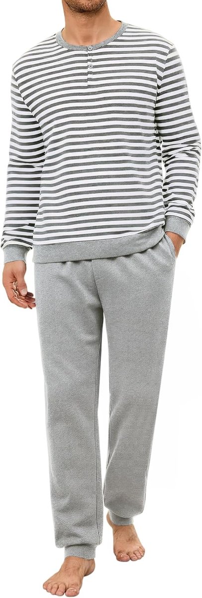 Winterpyjama voor heren, lang, licht, gestreept, 2 stuks, lange mouwen, nachtkleding, ronde hals, met knopen, comfortabel, S-XXL