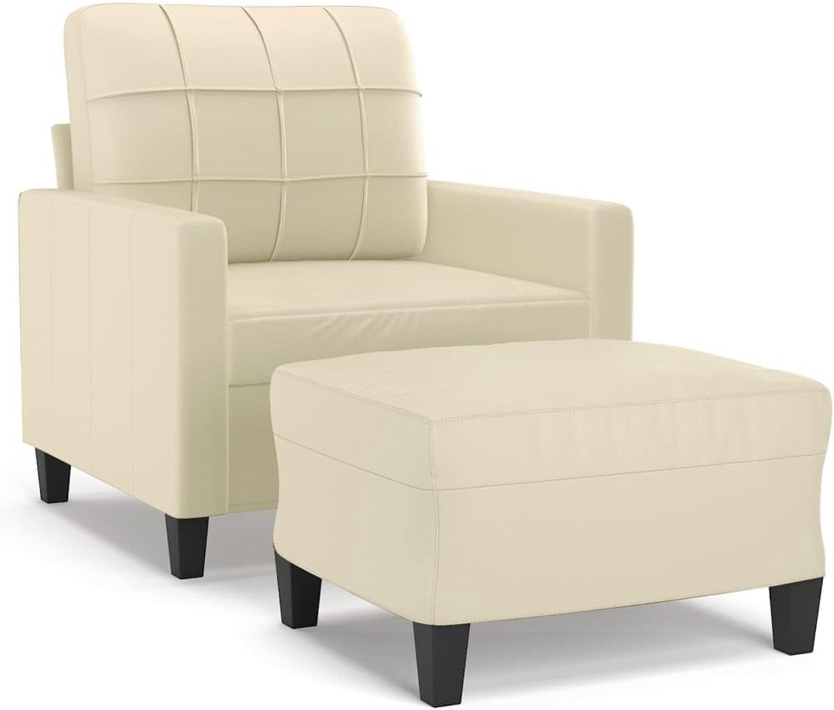 Fauteuil met kruk, crème, 60 cm, kunstleer, woonkamerbank, kantoorbank, slaapkamerbank, loungebank voor woonkamer, slaapkamer, logeerkamer