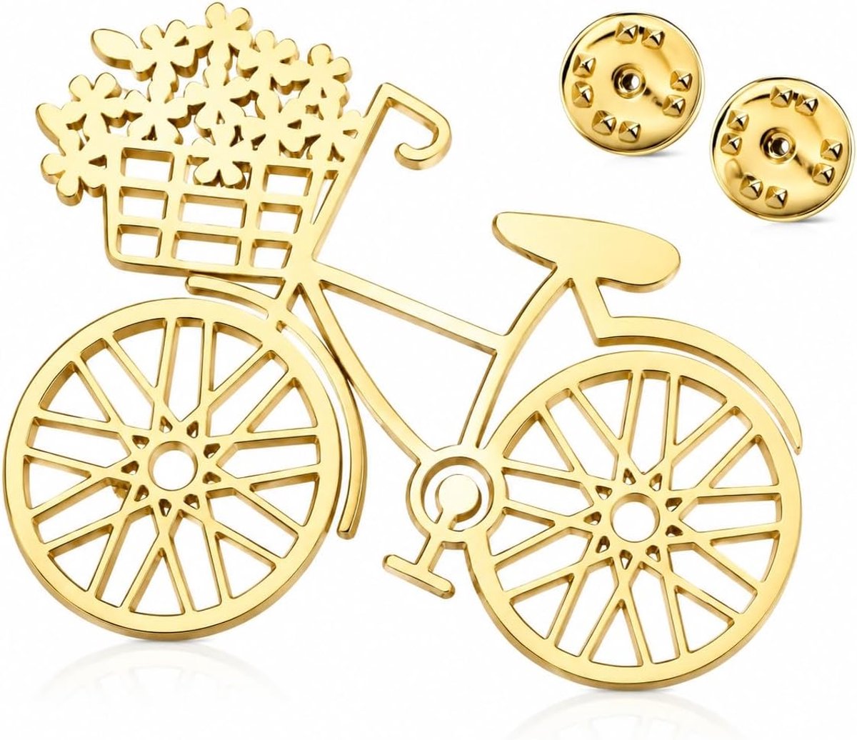 Fiets broche met bloemenmand opengewerkt ontwerp goudkleurig zilverkleurig fietsspeld voor dames