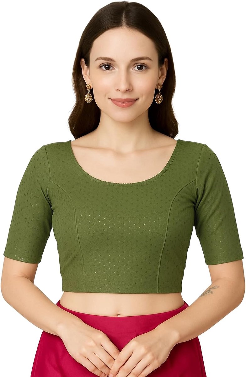 Fashion Kant-en-klare sari-blouse met ronde hals, gemaakt van katoenen lycra met een subtiel geweven patroon en met 3/4-mouwen