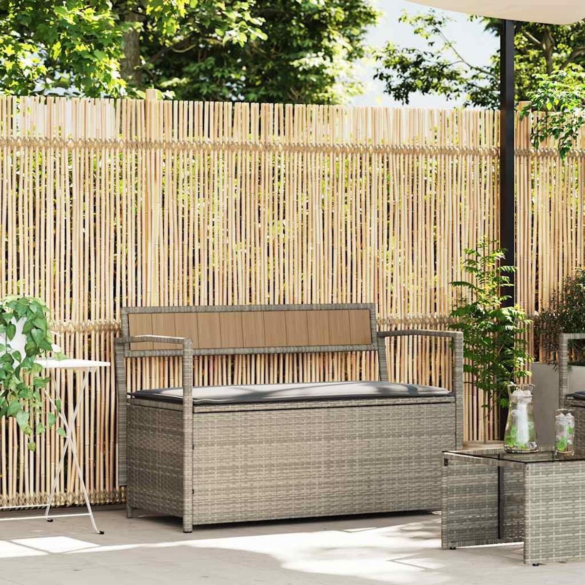 Tuinbank met kussen en opbergruimte, lichtgrijs polyrotan weerbestendig, opbergbox met waterdichte tas en gasveer, afneembare wasbare hoes voor tuin, balkon en terras