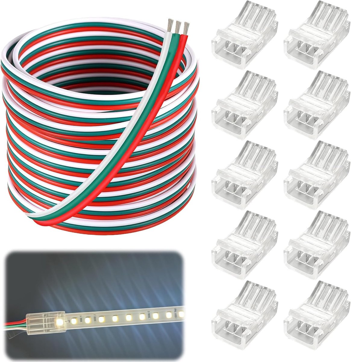 Deel van 10 Stekker Ribbon LED 3 Pinnen 10mm met 5m 12V/24V DC Kabel van Band Extension LED, Koperdraad 22AWG 5A Flexibele Kabel met aansluitingen voor WS2812B WS2811 Commerciële Familie