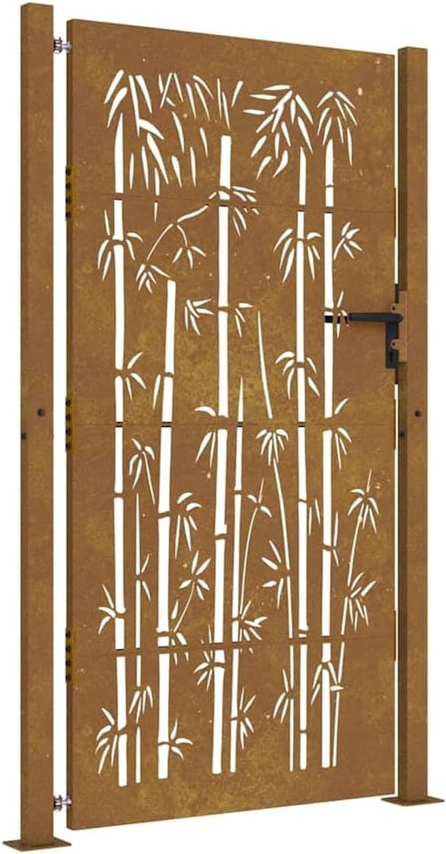 Stalen hekpoort 100 x 200 cm met lasergesneden design, afsluitbare tuinpoort van weerbestendig staal met 4 bevestigingsgaten voor veilige montage, zelfroestend