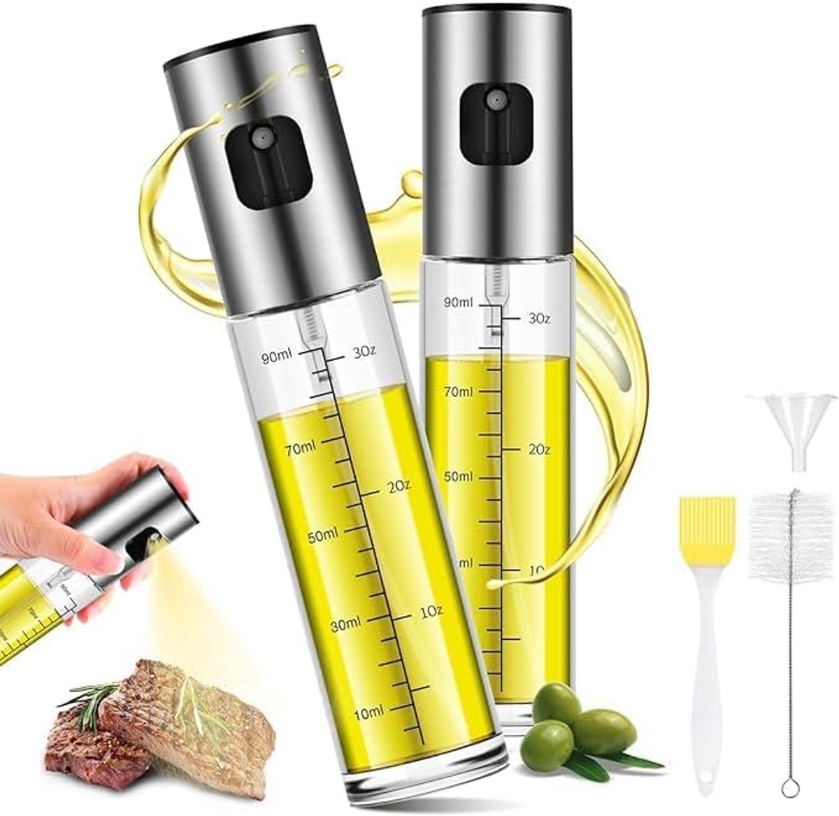 Oliesproeier, oliespuitfles, oliespray voor spijsolie koken, heteluchtfriteuse, glas, 100 ml, 2 stuks