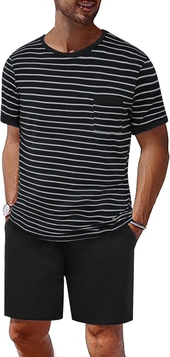 pyjama voor heren, katoen, zomer, korte mouwen, met shorts, effen, pyjamaset voor heren, ronde hals, met zakken, nachtkleding voor heren