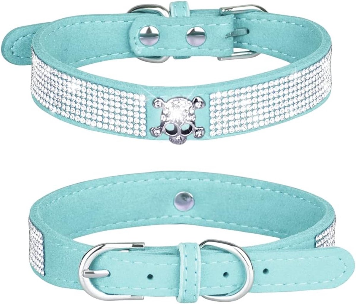 Halsband met strass voor honden, schattig, glinsterend, van zacht suède, halsband met strass, voor honden en katten, halsketting met kristallen, diamanten voor honden, puppy's (L, blauw-5)