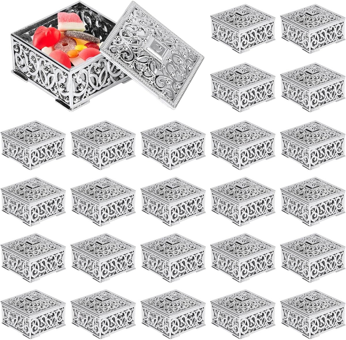 Gunst Dozen, Europese Stijl Mini Hollow Out Snoep Dozen Snoep Opbergdozen Geschenkdozen Bakken Decoratie voor Bruiloft Kerst Verjaardag (Zilver*24 Stks)
