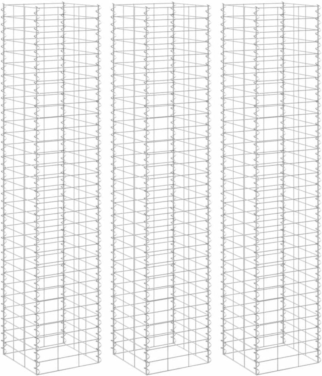 Bloembed, set van 3, 30 x 30 x 150 cm, van ijzer, stenen mand voor tuinmuur, inkijkbescherming en tuinvormgeving, robuuste draadroosterelementen, zilver