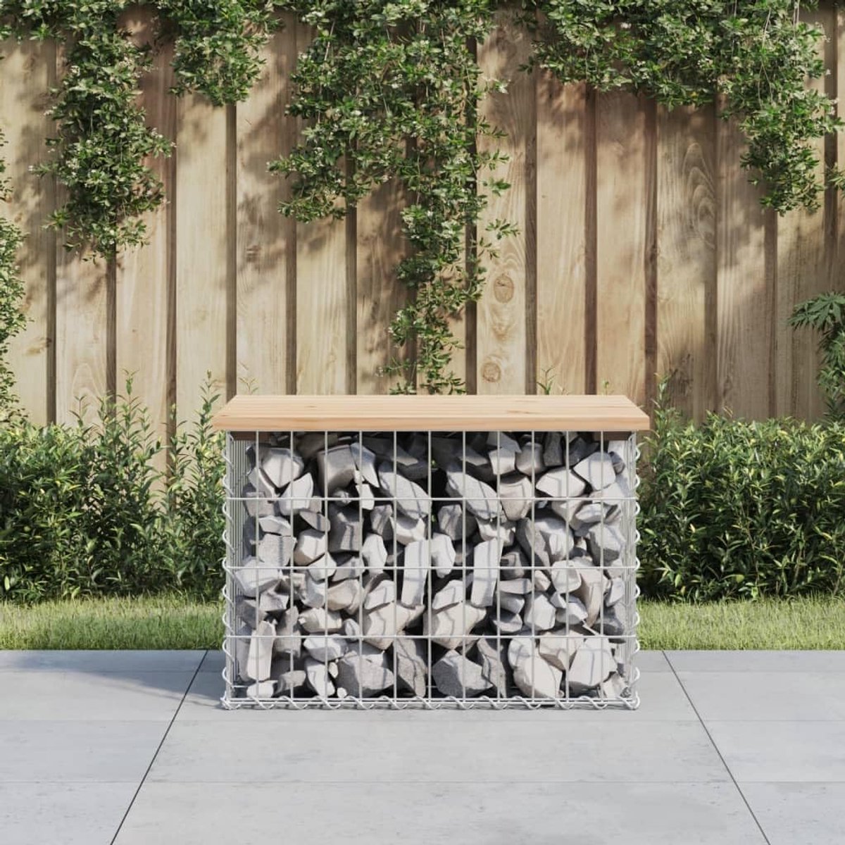 Tuinbank van schanskorven met massief grenenhout, zitvlak 63 x 44 x 42 cm, robuuste verzinkte stalen sokkel voor stenen, rustieke look, compact, voor terras en tuin
