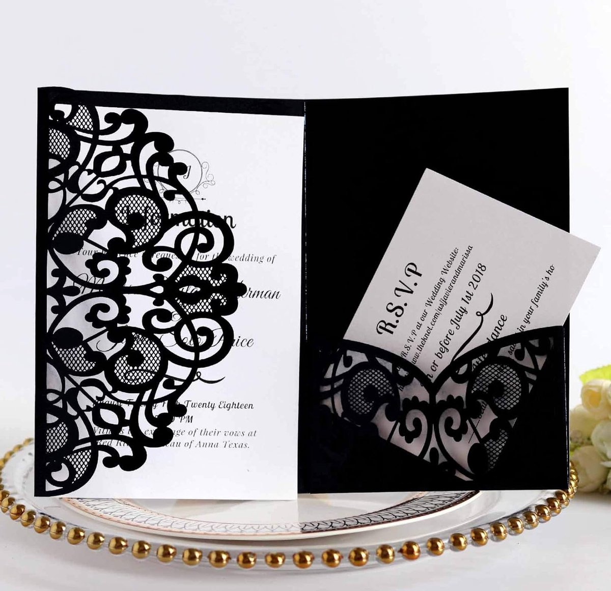10 stuks uitnodigingskaarten voor bruiloft, Hollow Floral Design, met 2 lege kaarten, zwart