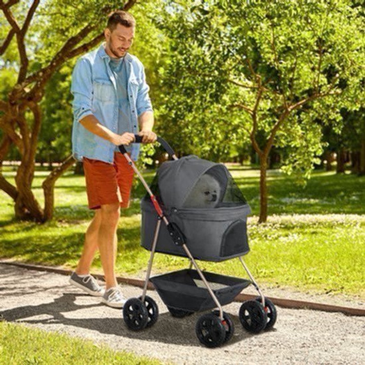3-In-1 Dierenwagen – Huisdierwagen – Hondenbuggy – Kattenwagen – Draagbare Dierenwagen – Grijs – Opvouwbaar Met Veiligheidsharnassen – Duurzaam 600D Oxford Polyester