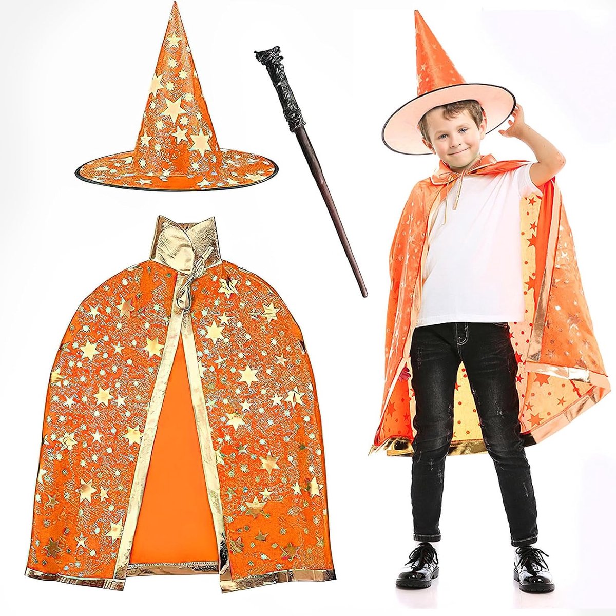 Hoed en tovenaarscape, heksencape met hoed, tovenaarscape voor kinderen, pompoencape, Halloween, heksenmantel, Wizard cape