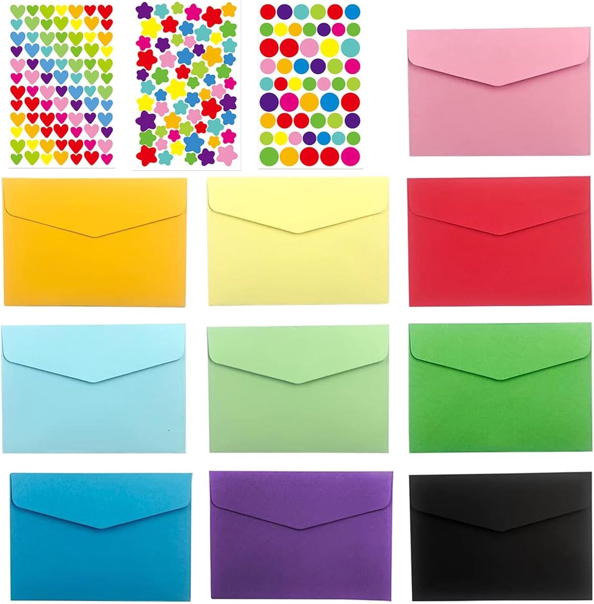 100 stuks kleine enveloppen, 10 kleuren, gekleurde enveloppen, inclusief 3 vellen stickers, standaardmaat voor Kerstmis, Thanksgiving, bruiloft, feest, verjaardag (11,5 x 8 cm)
