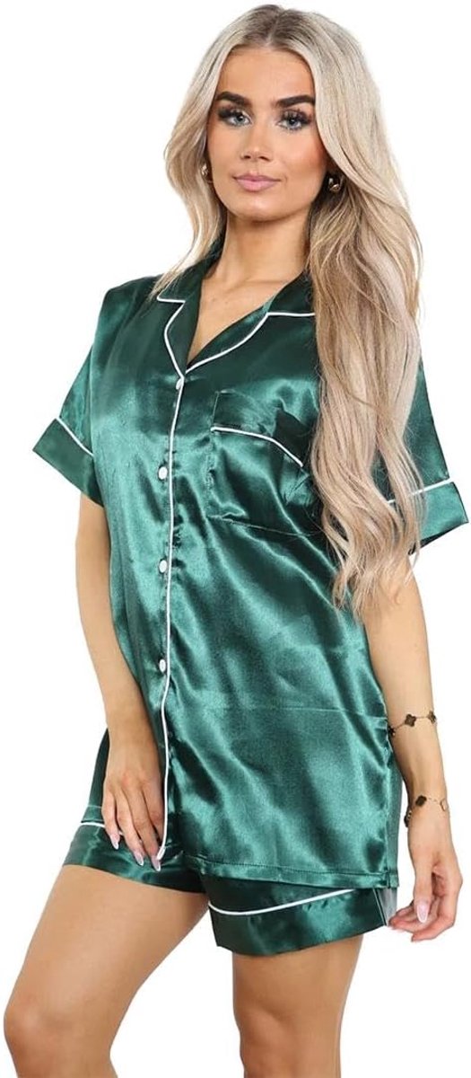 Damespyjama, korte mouwen, button-down top en korte