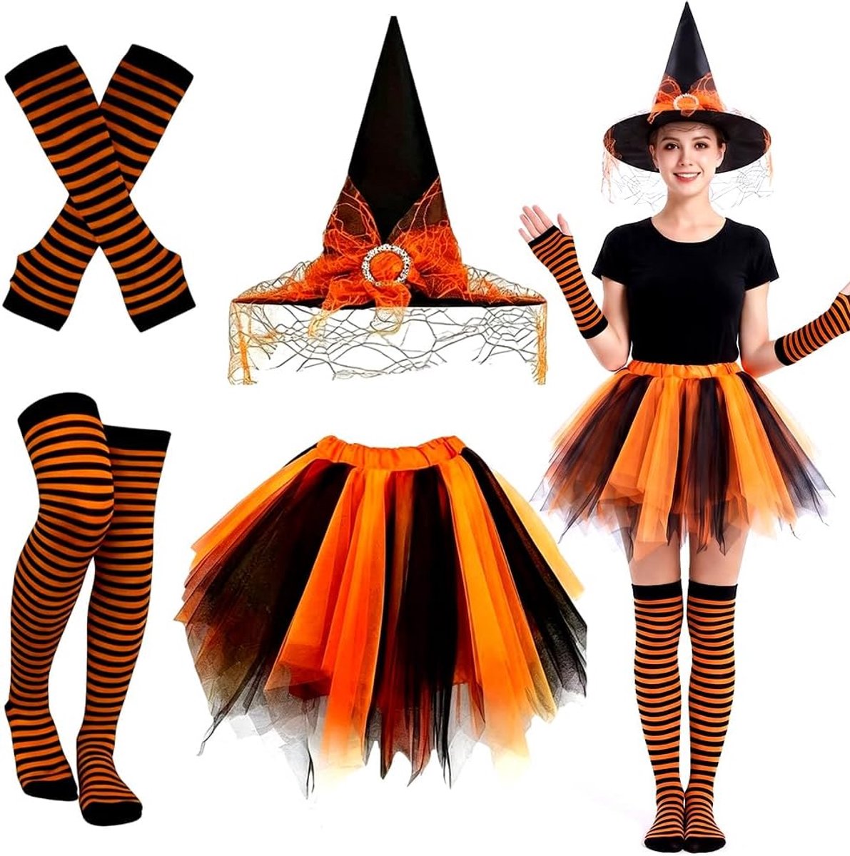 Accessoires voor Dames Inclusief Tule Rok, Heksenhoed, Handschoenen en Sokken Perfect voor Halloween Cosplay Carnaval