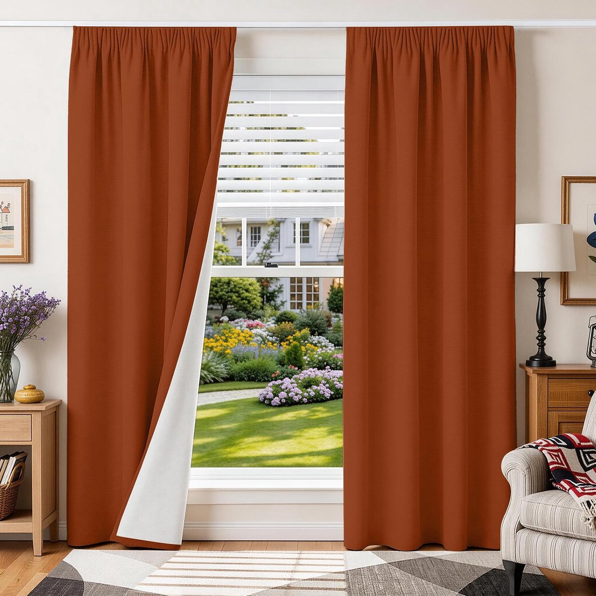 100% ondoorzichtige gordijnen met plooiband, linnenlook, verduisteringsgordijnen, 200 x 140 x 2 stuks, terracotta, thermische gordijnen, bescherming tegen kou, woonkamer, verduisteringsgordijn