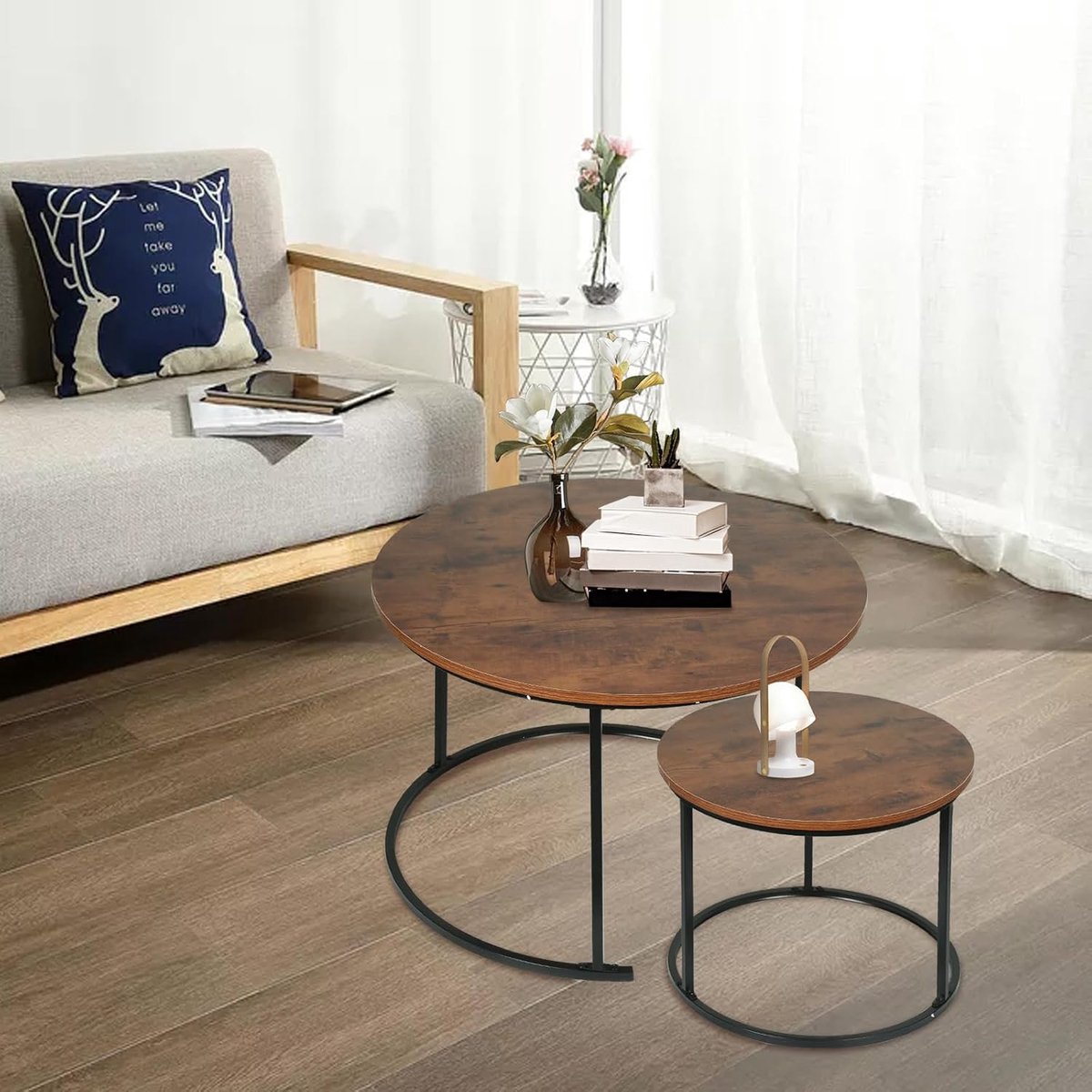 Marmerlook, bijzettafel voor woonkamer, diameter 70 + 50 cm, groot rond, MDF, voor woonkamer, slaapkamer, balkon, 70 x 70 x 45 cm (verbrand hout + zwarte poten)