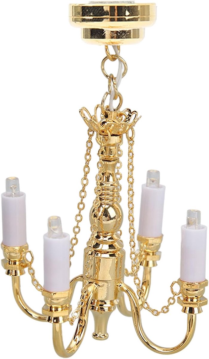 Kroonluchter op Batterijen 1:12 Schaal 4 Hoofden Miniatuur Plafondlamp Goud Mini Modellen DIY Decoratie Accessoires voor Poppenhuis