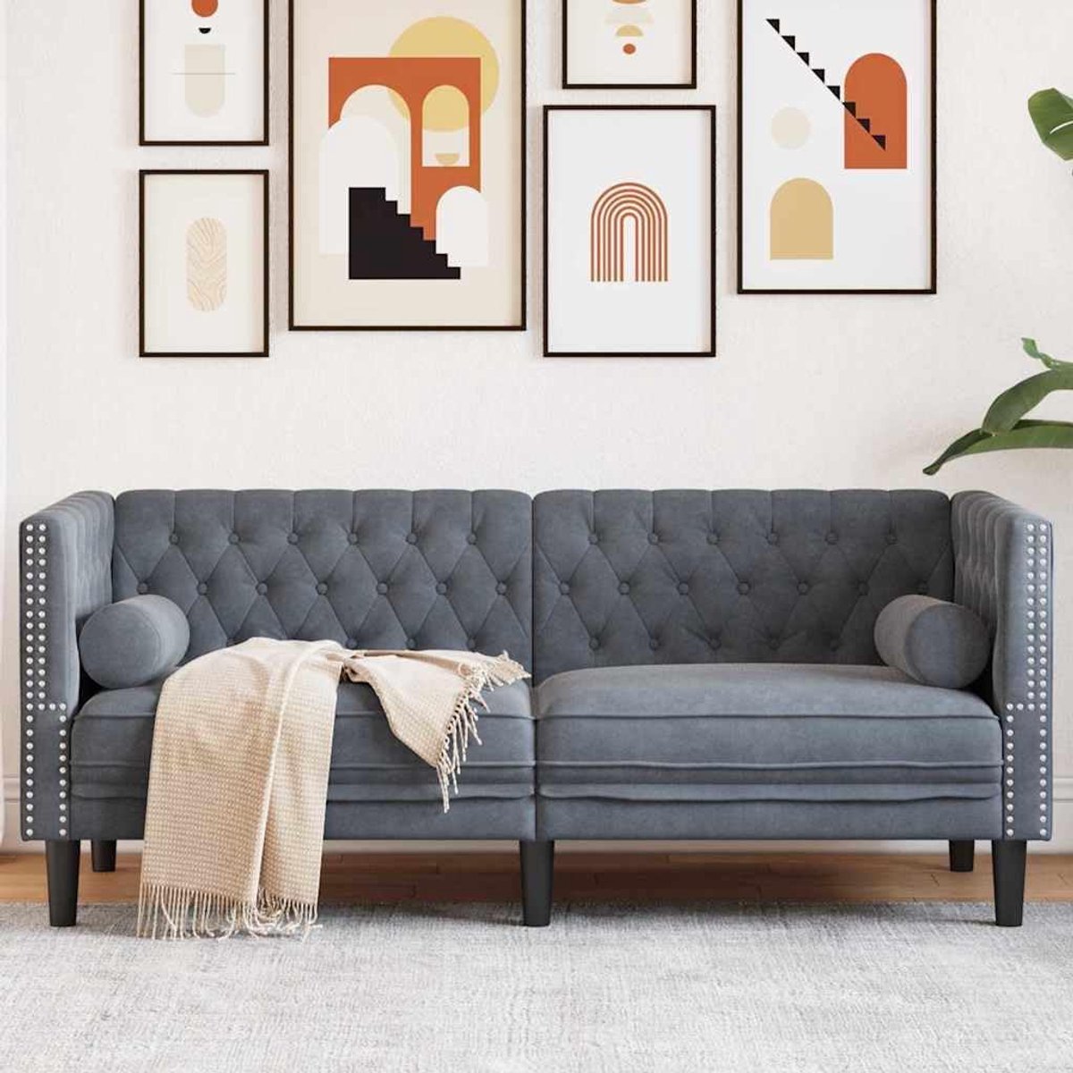 Fluwelen bank, donkergrijs, 174 x 74,5 x 70,5 cm, met knoopstiksels en opgerolde armen, gevoerde velours bank voor de woonkamer, comfortabele schuimvulling, elegant