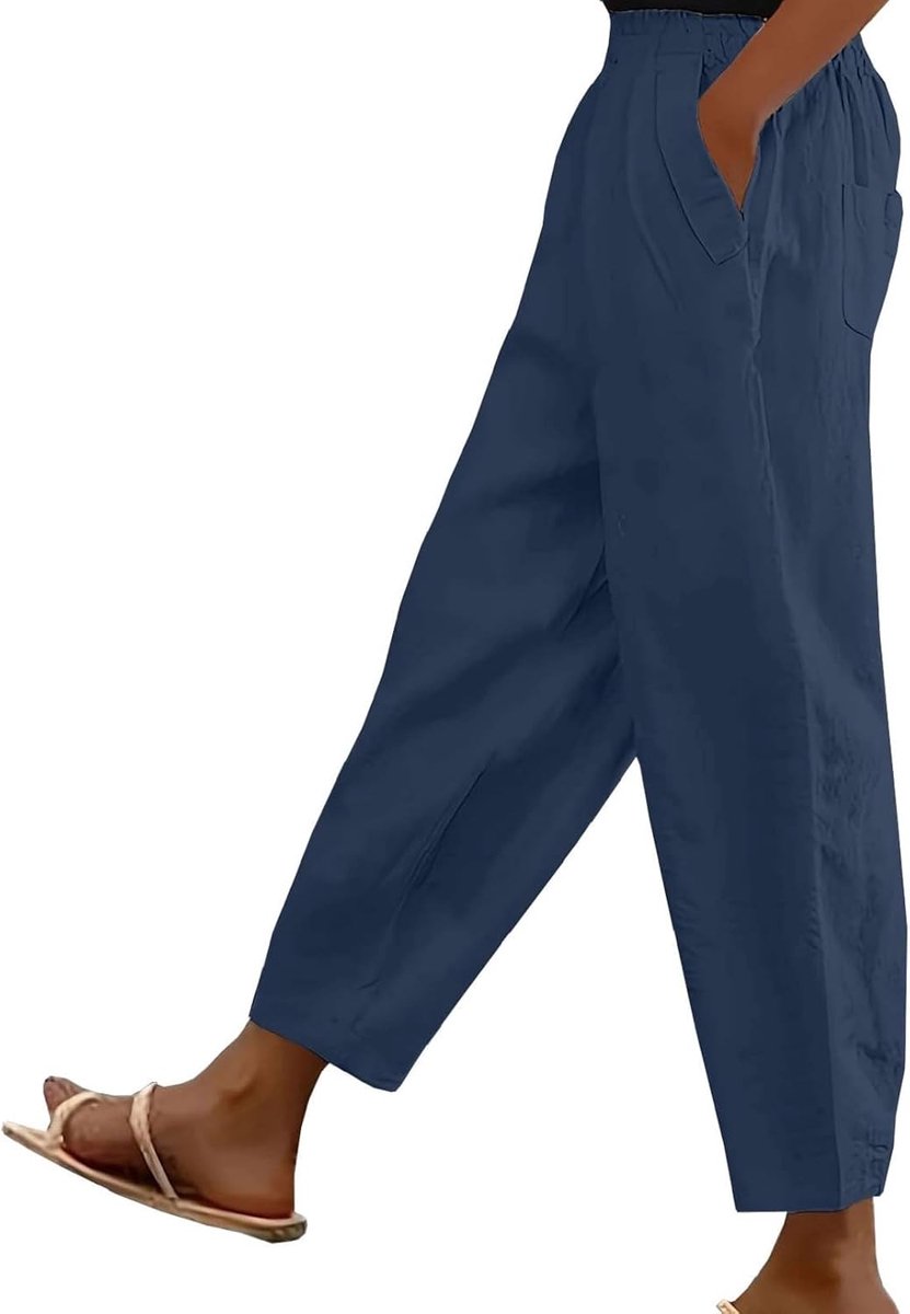 7/8 damesbroek, linnen zomerbroek met zakken, katoenen linnen broek, losse wijde broek, mousseline, elastische tailleband, strandbroek, vrijetijdsbroek, zomerbroek, voor dames, licht en