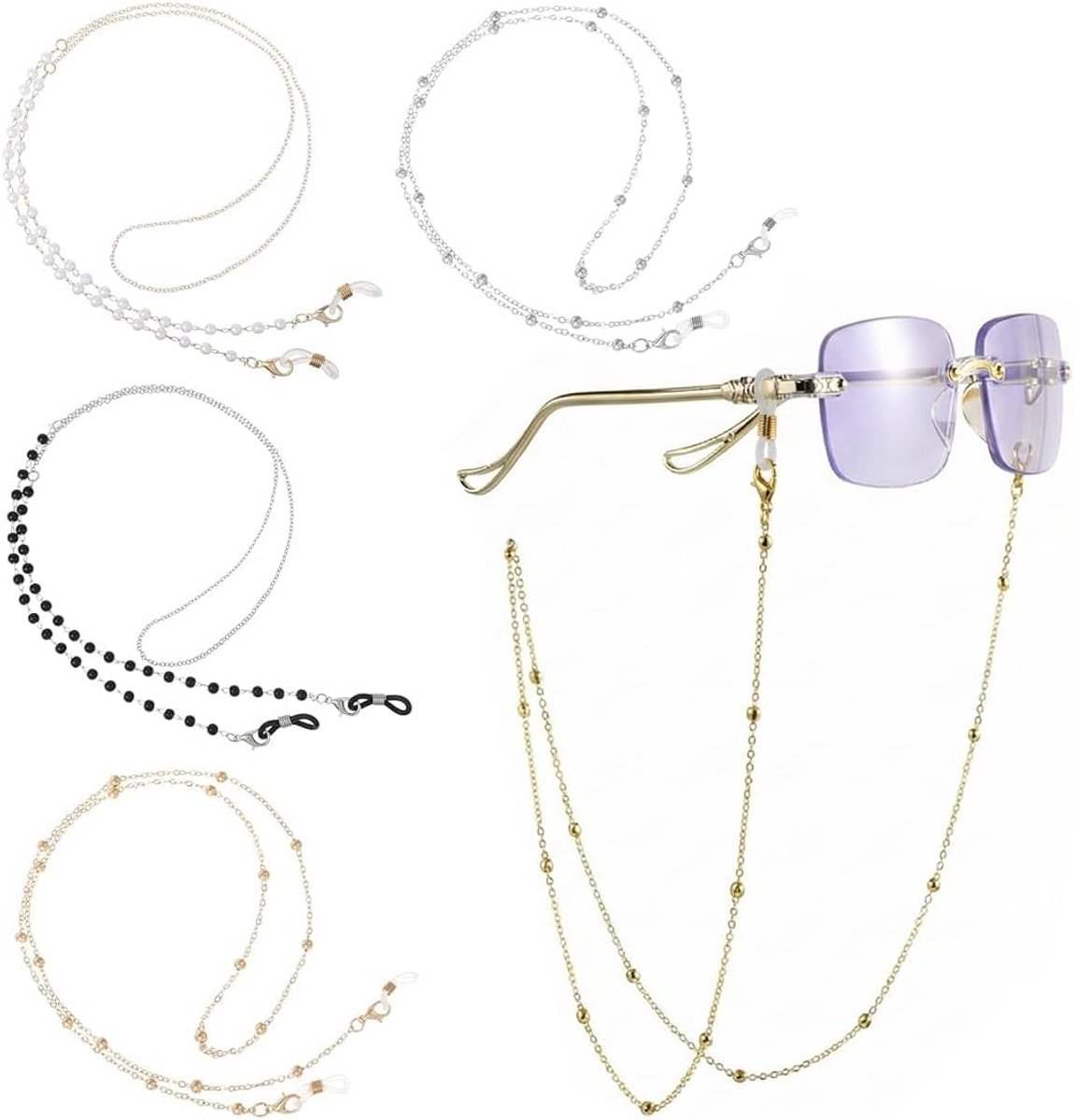 Set van 4 brillenketting voor dames, elegant, parelkoord, goudkleurig, zilver, voor dames