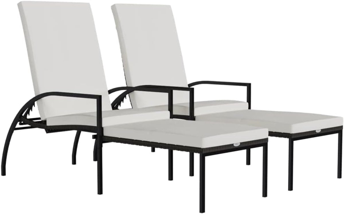 Set van 2 ligstoelen met voetenbank, verstelbare rugleuning, stabiel stalen frame, PE-rotan in bruin voor tuin, terras, balkon en zwembad