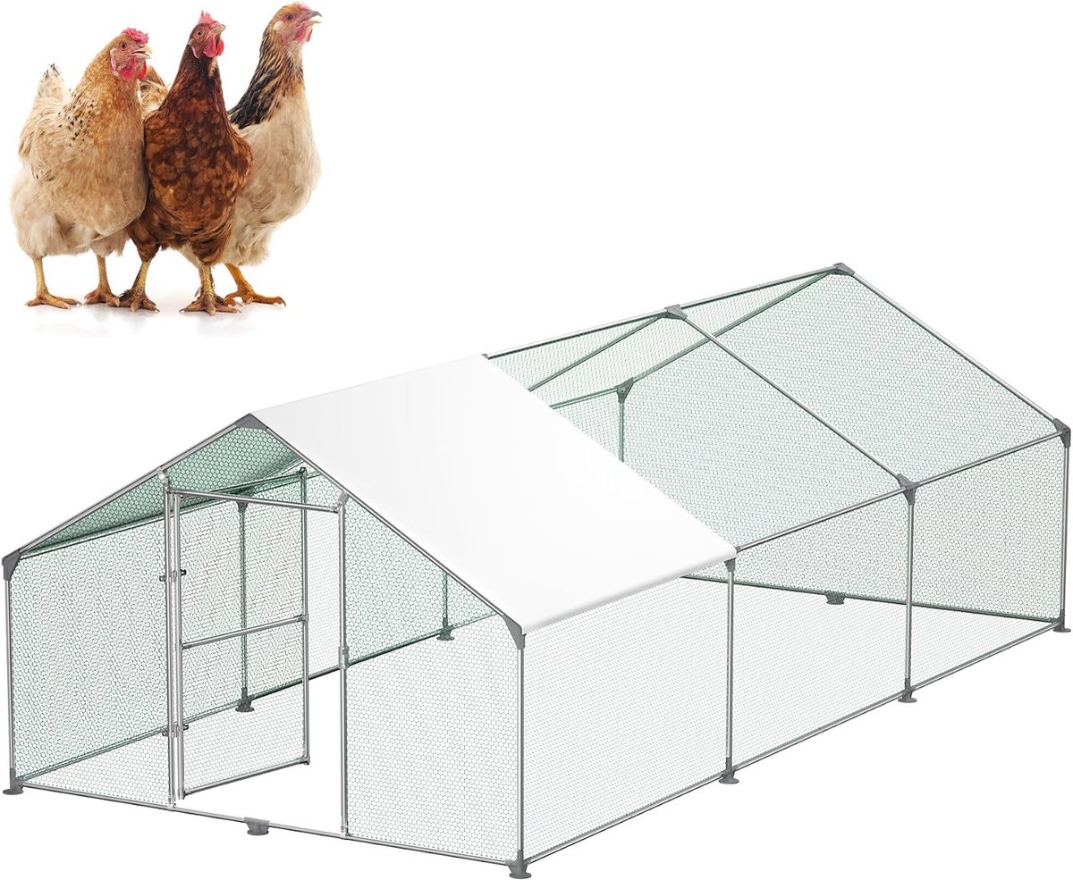Kippenren volière grote buitenverblijf, kippen met PE-zonnebescherming, outdoor, kippenren met verzinkt stalen frame, voor konijnen, kippen, pluimveehouderij, 3 x 6 x 2 m