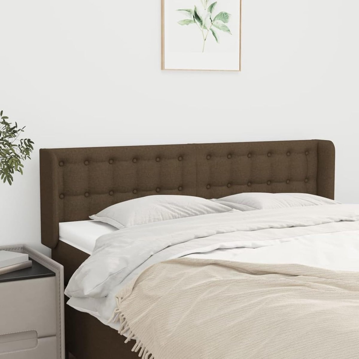 Hoofdbord met oren, donkerbruin, 147 x 16 x 78/88 cm, stof, hoofdeinde voor boxspringbed, slaapkamer, hoteldesign 3119203
