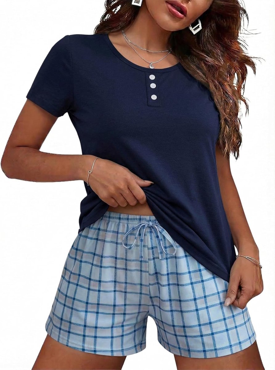 pyjama sets katoen korte mouw 2 stuks pyjama set zomer zachte top en geruite shorts met zakken dames loungewear nachtkleding