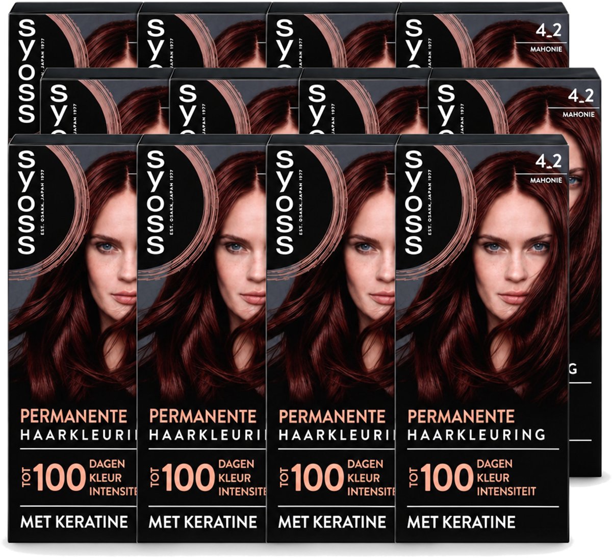 12 x SYOSS - Coloration 4-2 Mahonie - Haarverf - Grijsdekking - Vermindert Haarbreuk - Voordeelverpakking - 12 stuks