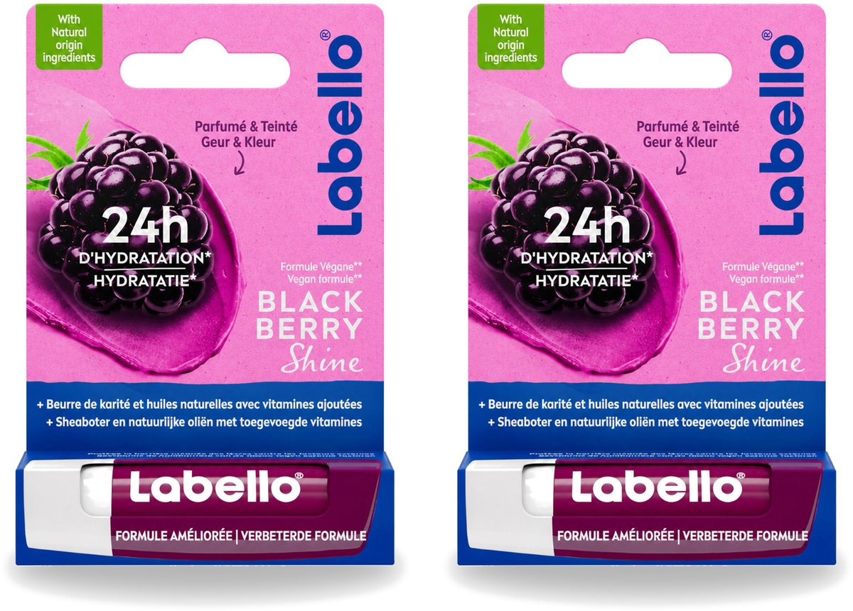 2 x Labello – Lippenbalsem – Blackberry Shine – Lippenbalsem – Shea Boter & Jojoba Olie – 5,5 ml - Voordeelverpakking - 2 stuks