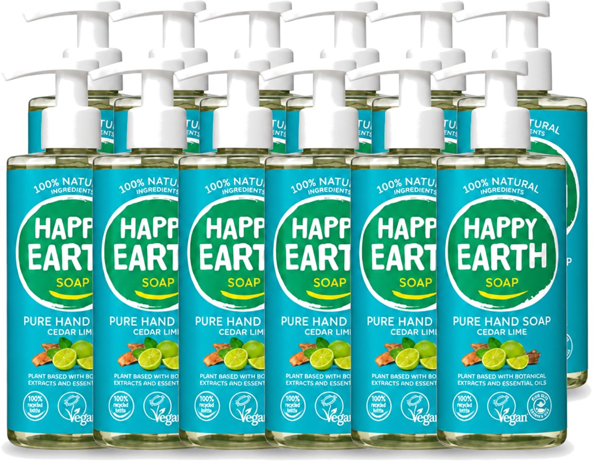 12 x Happy Earth – Handzeep – 100% Natuurlijk Cedar Lime – 300 ml - Voordeelverpakking - 12 stuks