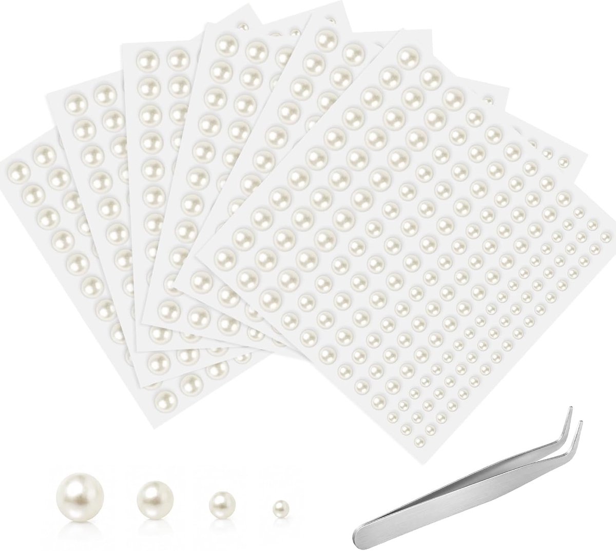 990 stuks parelstickers, zelfklevende parels, plakparels, platte parels, kleine ronde parelstickers voor het gezicht, nagelkunst, doe-het-zelf, scrapbookversieringen - 3/4/5/6 mm, met pincet