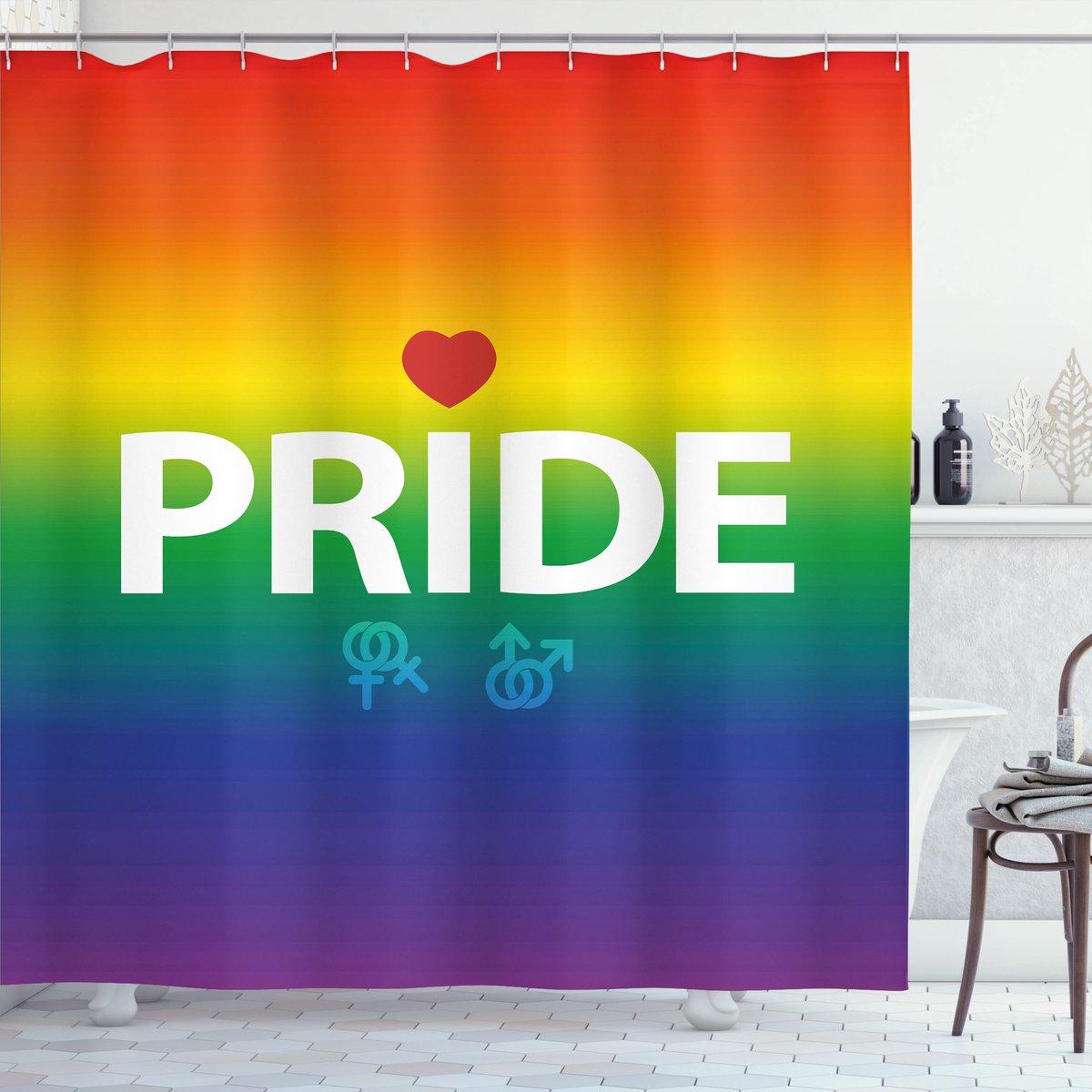 ABAKUHAUS Pride Douchegordijn, vibrant Geschlecht, Stoffen Badkamerdecoratieset met Haken, 175 x 200 cm, Meerkleurig