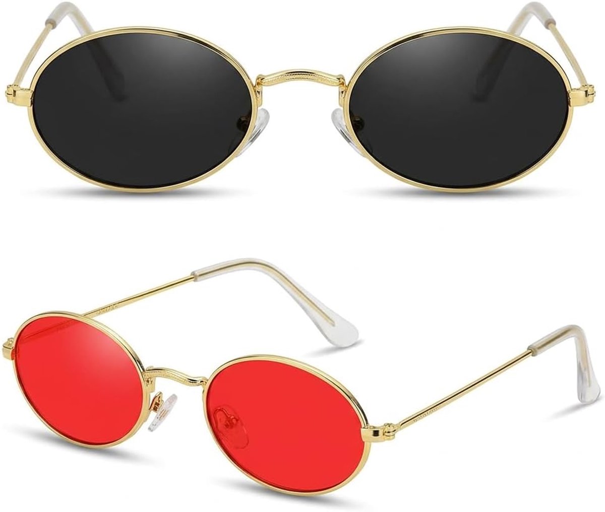 2 stuks retro zonnebril dames jaren 90 stijl ovaal smal vintage bril gouden montuur rode grijze glazen trendy partybril festival accessoires voor vrouwen meisjes streetwear