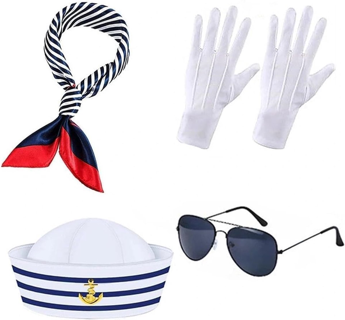 4 stuks zeeman hoed sjaal bril handschoenen set - blauw & wit kapitein marine pet met halsdoek voor volwassenen, nautisch themafeest kostuum accessoires, piratenschip rollenspel carnaval voor