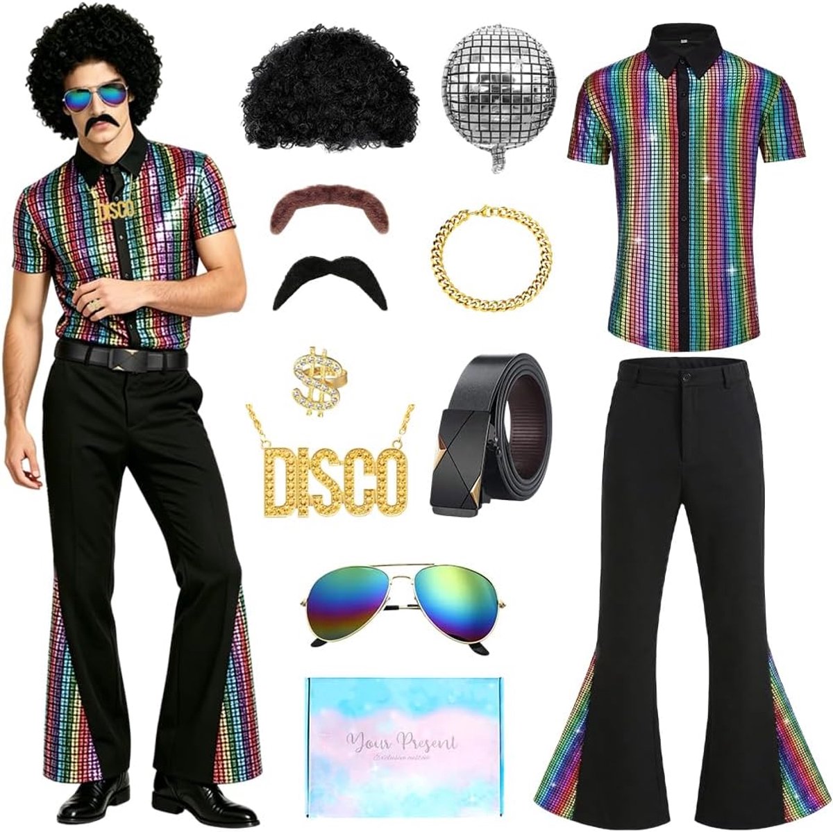 70-outfit voor heren, discokostuum met pruik, snor, halsketting, carnavalskostuums voor heren, jaren '70 discokostuum voor carnaval, Halloween, cosplay en feest